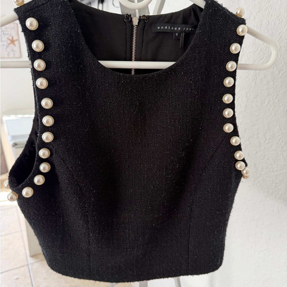 Endless Rose Black Pearl-Studded Crop Top
